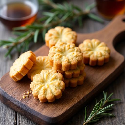 Cantucci artigianali al rosmarino disposti su un tagliere di legno.