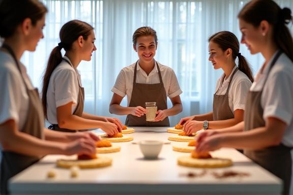 Un gruppo di persone che partecipano a un corso di pasticceria in un ambiente luminoso.