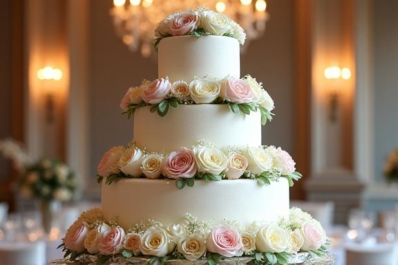 Una magnifica torta nuziale a più piani decorata con fiori freschi.